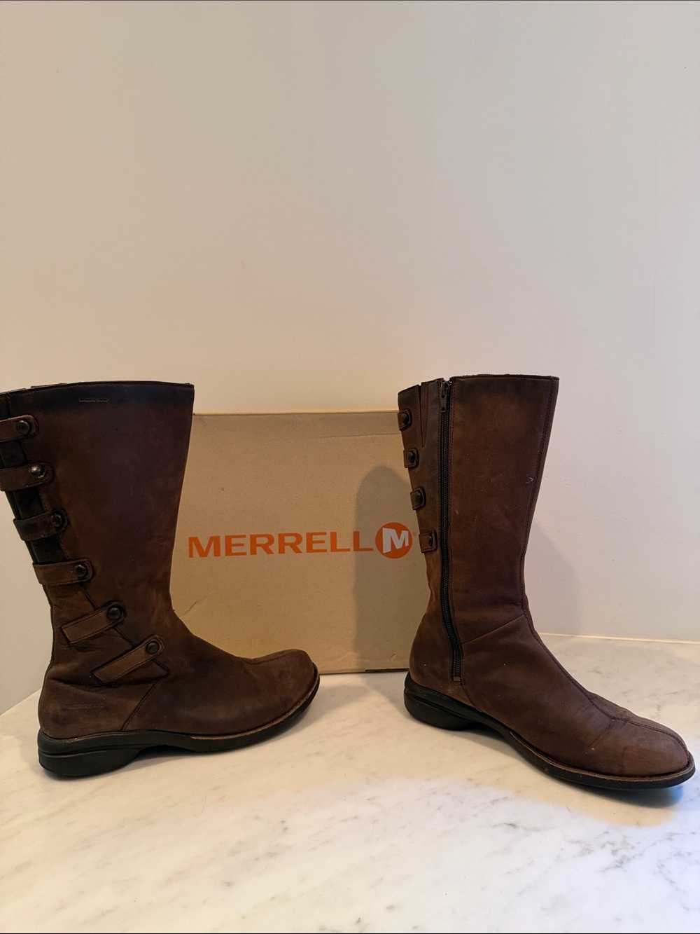 Merrell Brown Leather Mid-Calf Side-Zip Riding Boots with Button Strap Detail